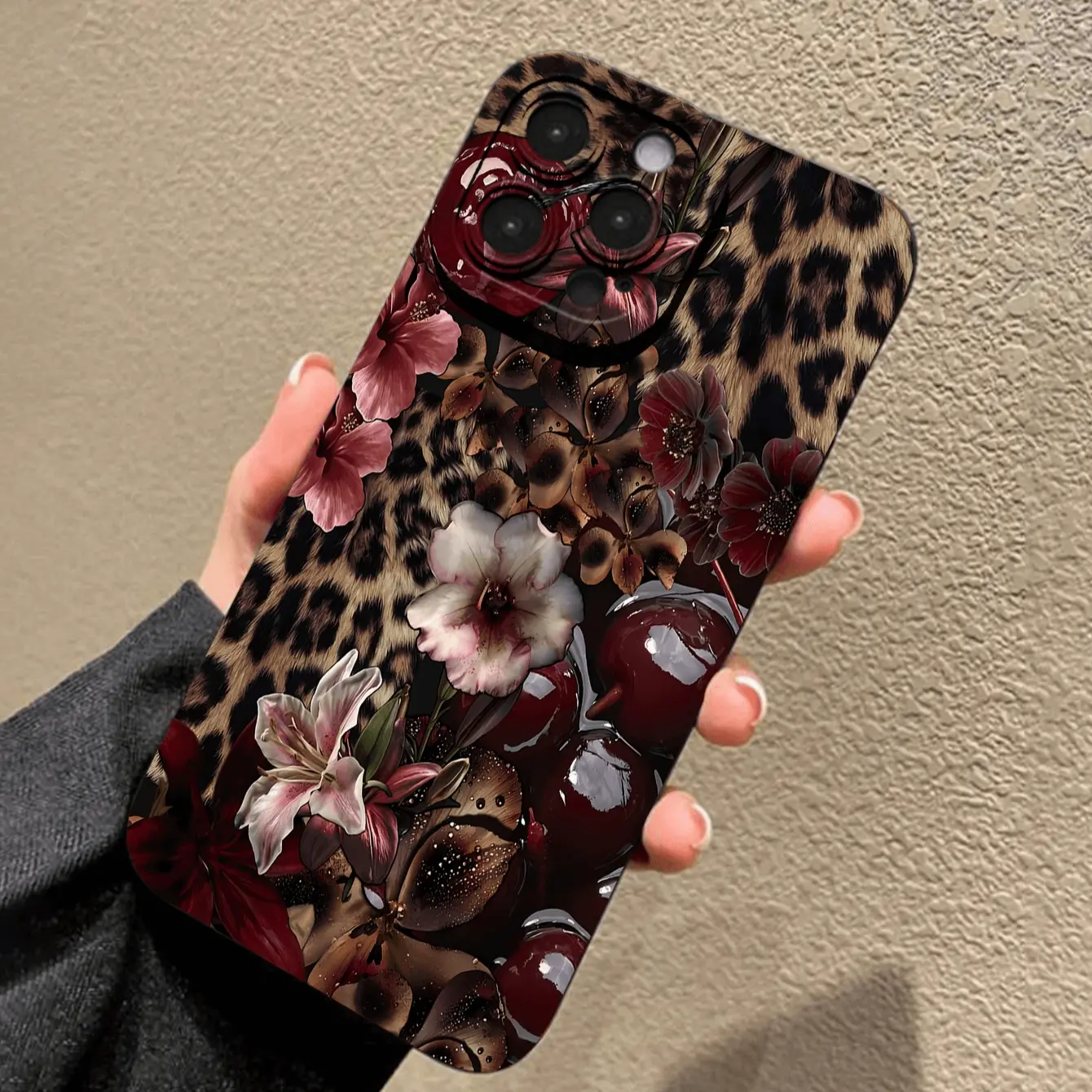 Cherry Leopard Print Smartphone Casing, Anti-Drop, Wear-Resistant, Durable Protection for iPhone 11/12/13/14/15/16/17 Series Handheld Cellphone Devices