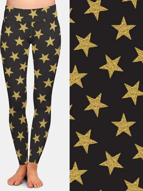 Gold Glitter Stars Design Printed Leggings, Buttery Soft Fabric, Recycled Material, Super Soft and Stretchy