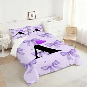 2/3Pcs Lavender Bows Comforter Set, Whimsical Purple Pattern Bedding Set, Beautiful Bold 'A' Design with Heart, Perfect for Cozy Bedroom Decor, Ideal for All Ages, Enhances Your Living Space. 1 or 2 Pillowcase No Pillow Core