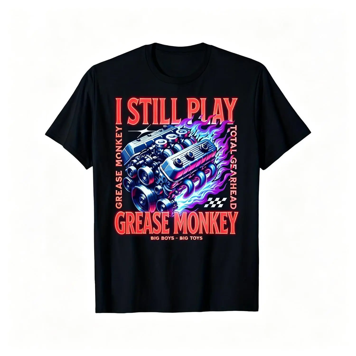 Casual Summer Cotton T shirt Featuring I Still Play With Blocks Print Classic V8 Engine Design And Vintage Car Mechanics Graphic Comfortable Daily Auto Lover Tee
