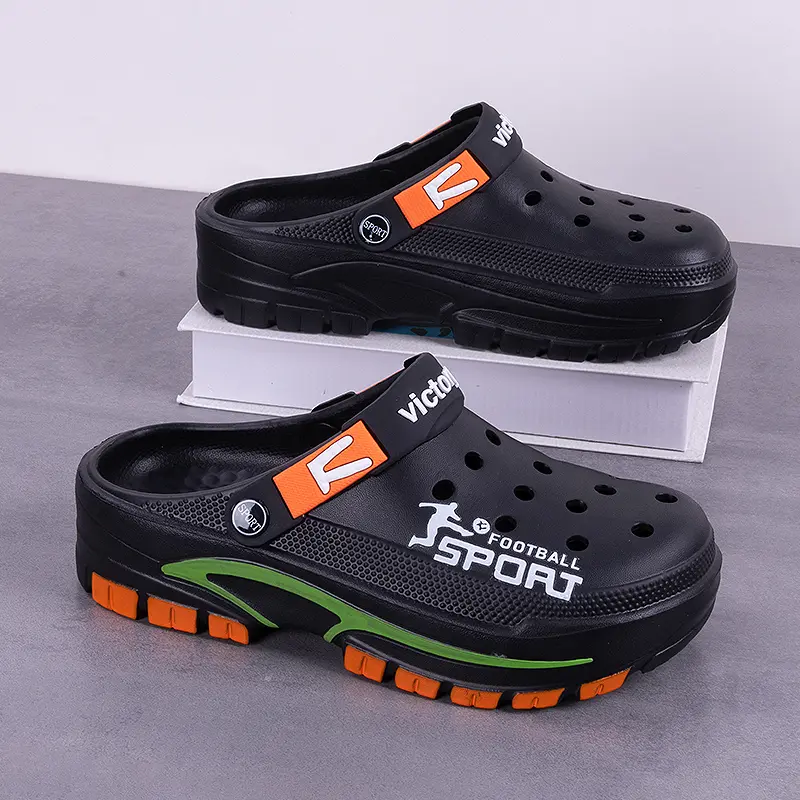 Men's Football Print Platform Clogs - Adjustable Back Strap, Hollow Breathable EVA Footwear, Non-Slip Thick Cushion Outdoor Sandals, Multi-Color Walking Shoes for Beach, Hiking, Daily Use, Round Toe, Indoor Outdoor, Slip-On, Antislip Men's Clogs, Football