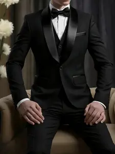 Men's 3pcs Slim-Fit Suit Set - Large Size Wedding, Business & Formal Attire with Vest, Pants & Tie - Solid Color Suit for - Wear (Hand Wash/Dry) - Professional & Wedding Uniforms 3pcs Blazer Set