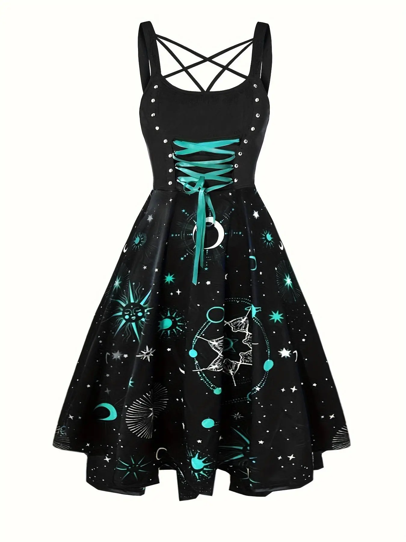Women's Galaxy Print Lace Up Criss Cross A Line Dress, Aesthetic Punk  Fashion Scoop Neck Sleeveless Dress for Party Holiday, Ladies All Seasons  Clothes - TikTok Shop