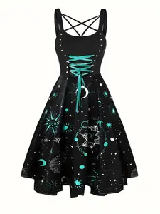 Women's Galaxy Print Lace Up Criss Cross A Line Dress, Aesthetic Punk Fashion Scoop Neck Sleeveless Dress for Party Holiday, Ladies All Seasons Clothes