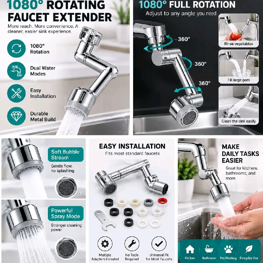 1080° Rotating Faucet Extender for Kitchen & Bathroom