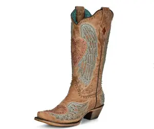 Women's Sand with Heart & Wings Snip Toe Cowboy Boots