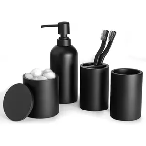 Bathroom Accessory Set - 4 Pcs Matte Black Bathroom Set with Toothbrush Holder, Soap Dispenser, Tumbler & Cotton Swab Jar - Bathroom Vanity Countertop Organizer, Bathroom Decor Sets Jo Lavie