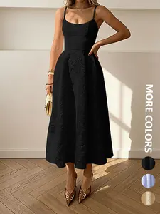 Women's Summer Sleeveless Dress, Sweet Puffy Party Dress, Elegant Textured Fabric, Adjustable Ruffle Straps, Suitable for Daily, Formal & Business Activities