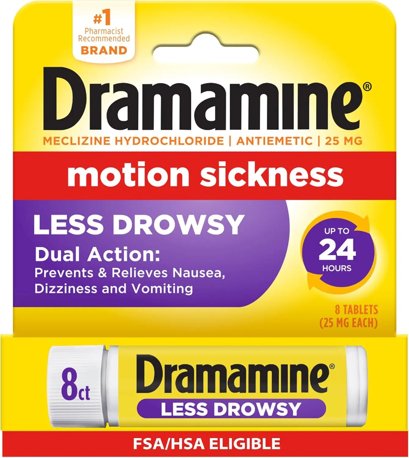 Dramamine Motion Sickness Less Drowsy, Travel Vial, Multicolor, 8 Count
