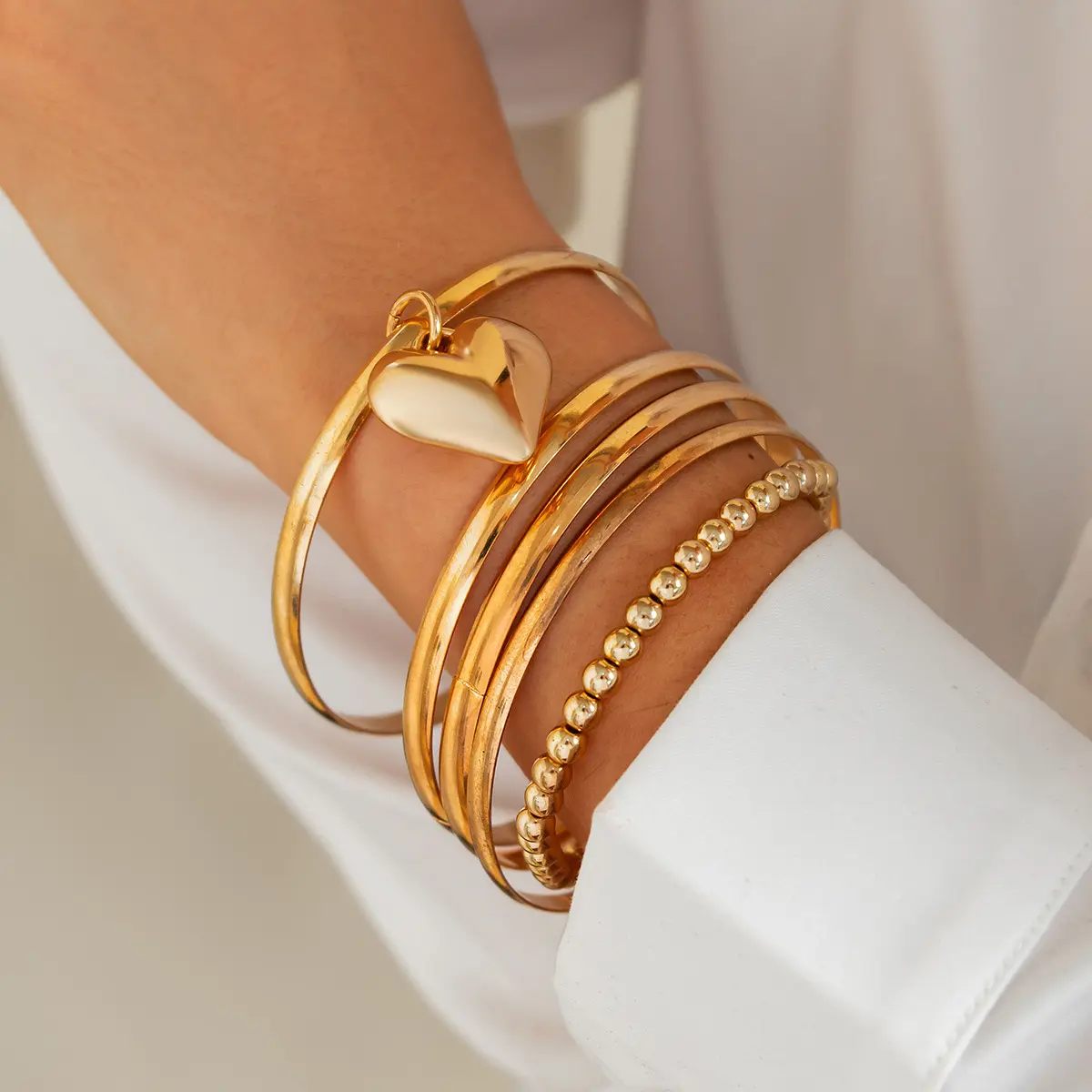Women's Punk Style Cast Iron Bracelet Set, Gold Beaded Multi-Layer Stack with Ring Accent, Iron+CCB Alternative Style Bracelets & Bangles, Bangles Bracelets, Punk Edge