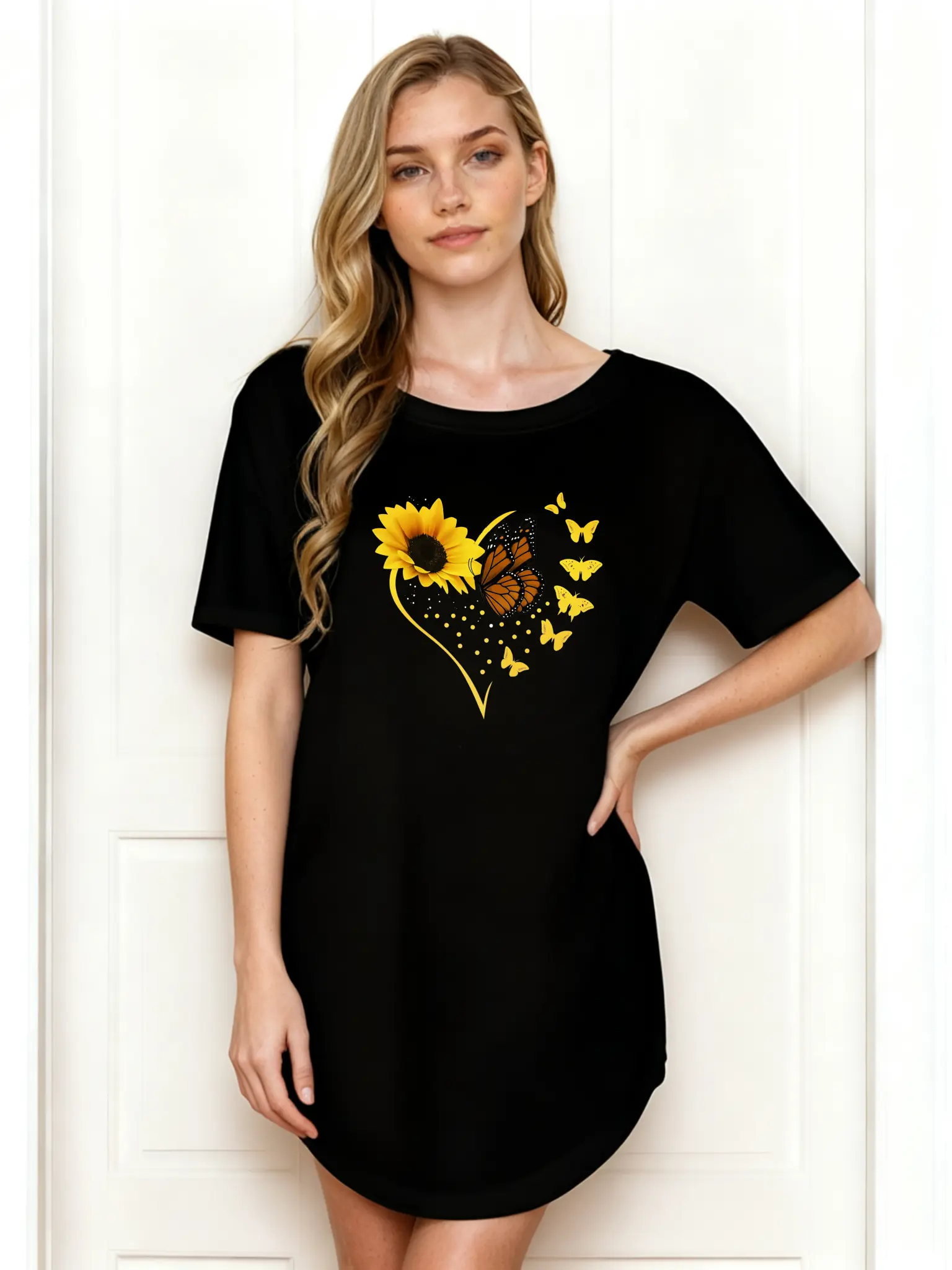 Women's Casual Summer Dress, Womenswear with Sunflower-Butterfly-Heart Print, Loose Comfortable Daily Wear, Wear-Resistant Wrinkle-Resistant Fabric