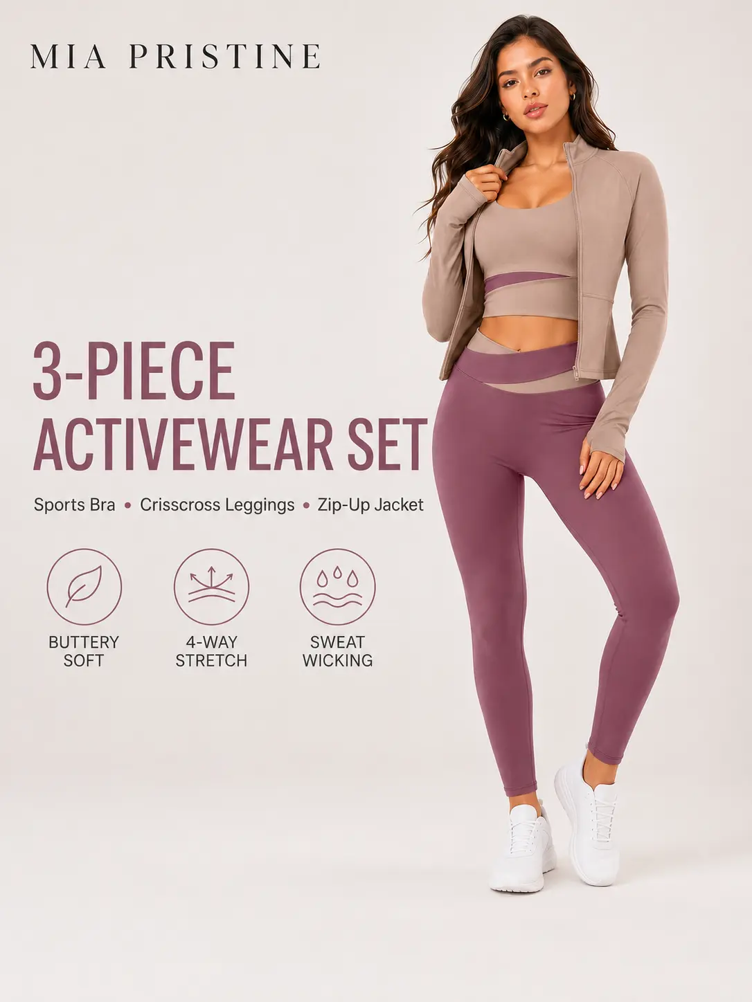 MIA PRISTINE 3 Piece Activewear Set for Women, Crisscross High Waist Leggings, Supportive Sports Bra and Zip Up Jacket, Matching Workout Outfit for Yoga Gym Casual, Workout Sets Women, Female, All Seasons, Long Sleeve