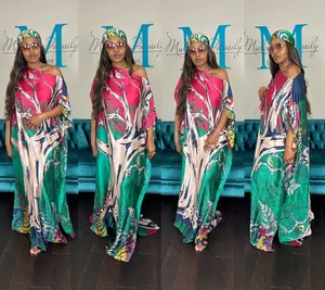 Vacation Vibes Kaftan Maxi Dress with Matching Scarf  -  Hot Pink Green Pink Blend Ships 6/1