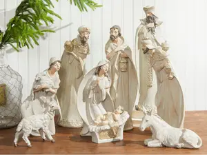 7-18" Whitewash Nativity with Gold Trim - Set of 9
