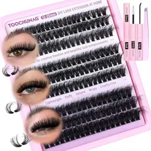 TOOCHUNAG Lash Clusters Kit Fluff Cluster Eyelash Extension Kit 60D+80D+100D 12-20mm DIY Lash Extension Kit with D Curly Thick Individual Eyelashes Extensions Cluster, Lash Bond and Seal, Tweezers