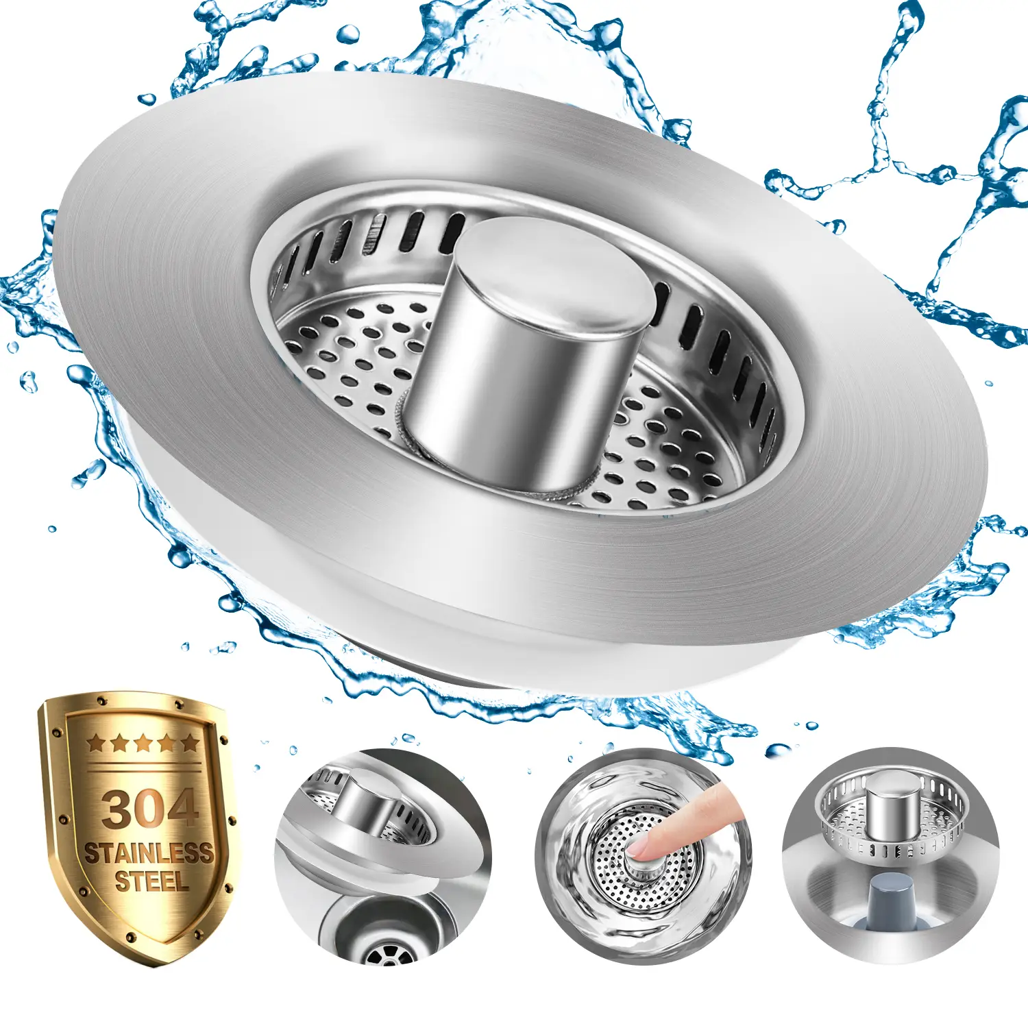 3 in 1 Kitchen Sink Drain Strainer, 304 Stainless Steel Sink Plug with Anti-Clog Basket, Pop Up Sink Stopper for US Standard 3-1/2 Inch Drain
