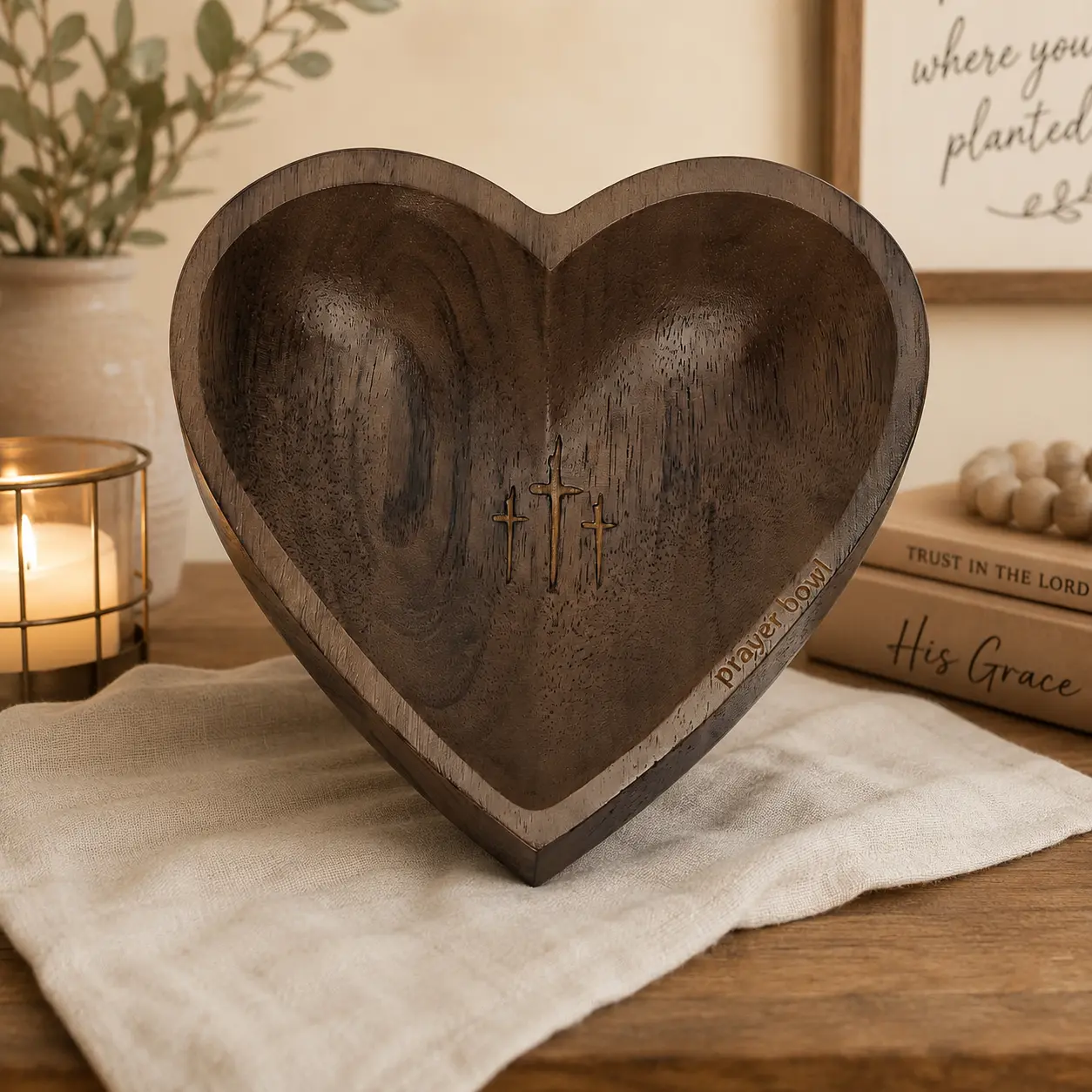 Christian Religious Home Decor Hand-Carved Vintage Wood Heart Prayer Bowl Set - Catch-All Dish with Prayer Cards for Mom, Best Friend, Desk, Nightstand, Mother's Day & Healing