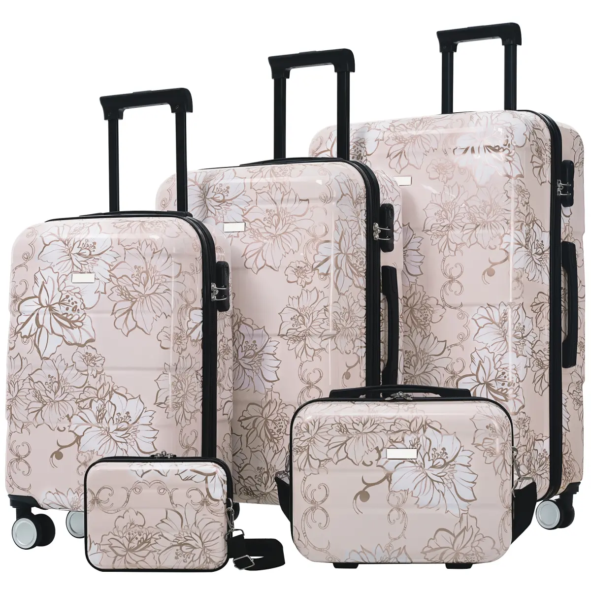 5 Piece Luggage Set with Spinner Wheels, Lightweight Printing Suitcase Set 8/14/20/24/28 inches, Durable Carry on Luggage with Handbag and Cosmetic Case Suitable all Ages,Pink Flower
