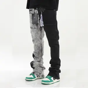 ZUPEPED Stylo Split Color Men's Premium Stacked Denim Grey & Black Cargo Pockets Vintage Washed Classic Fit Stretch Trouser