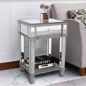 Aesthetic Silver Mirrored Nightstand Table with Open Shelf, Glass Side Table Bedside Table for Bedroom & Living Room Storage