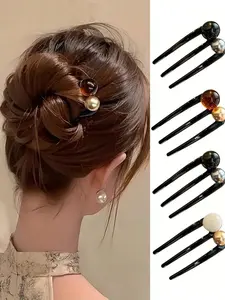 Elegant Three-Tooth Bead U-Shaped Hairpin，Bun Updo Hairpin， Vintage Hair Clips - Black & White with Green Synthetic Gemstonestone Accents, Versatile for Casual & Formal Occasions, All-Season girls Hair Accessories, Hair Accessories, Classic Hairpins,
