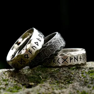 GTHIC Viking Scaled Pattern Runes Stainless Steel Band Ring for Men and Women Daily Wear Birthday Gifts