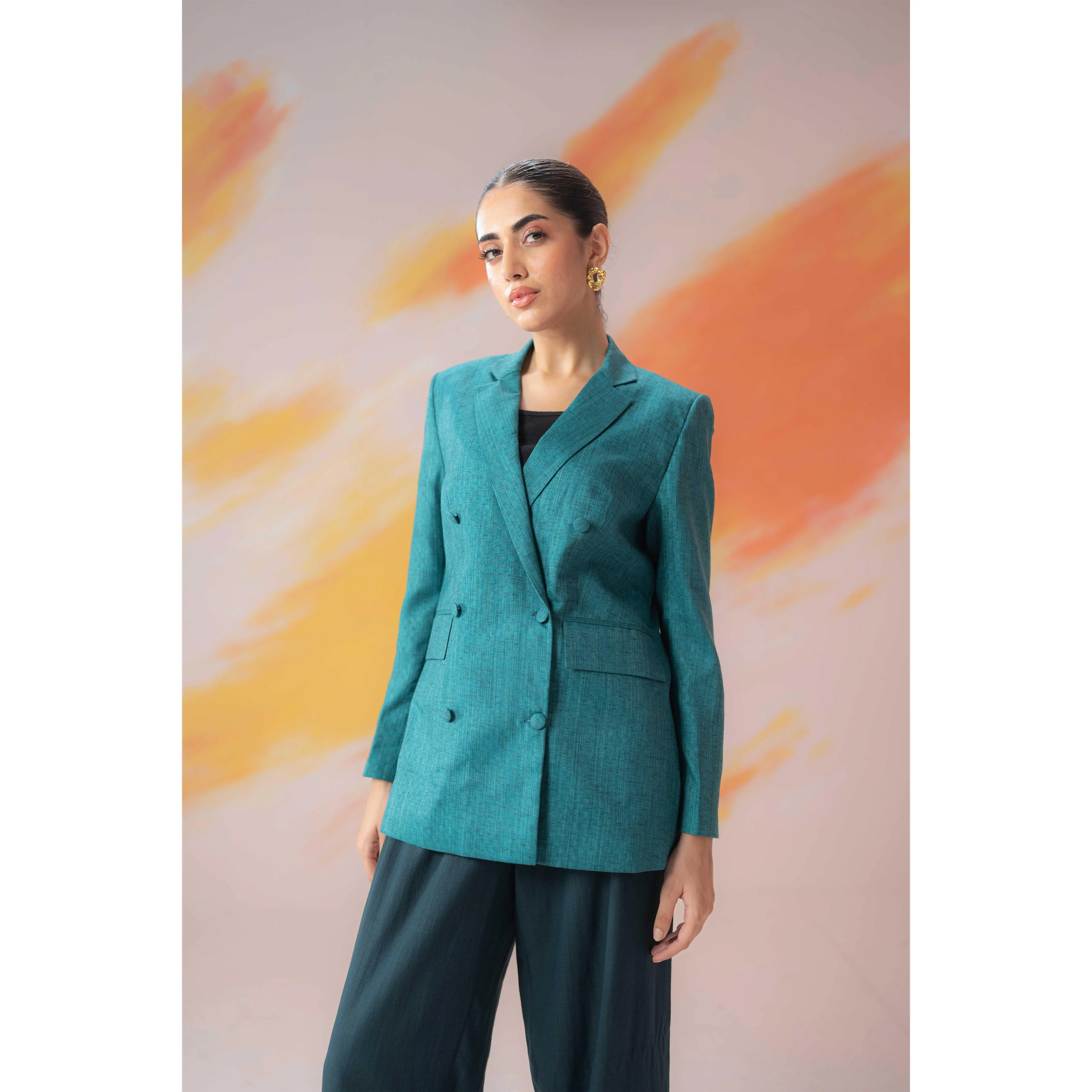 Four & Co Women's Self Textured Double Breasted Green Teal Blazer Buttons Work Office