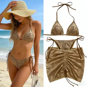Women's 3 Piece Leaf Print Crochet Bikini Set Tie Side High Cut Swimsuit with Cover Up Skirt for Beach Vacation