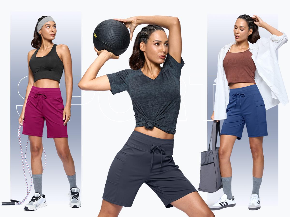 [Clearance] G Gradual Women's 7" High Waisted Anti-Chafing Active Gym Shorts, Elastic Breathable Quick Dry Stretch Running Light Bermuda Shorts with Side Pockets for Workout, Casual
