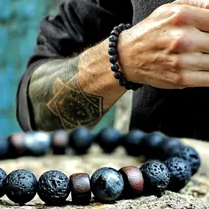 Volcanic Stone Bracelet for Men Lava/Wooden Beads