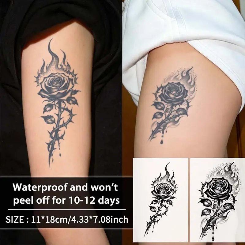 Flame Burning Rose Thorns Temporary Tattoo Stickers, Waterproof, Long-Lasting, Realistic, Non-Glare, for Men and Women