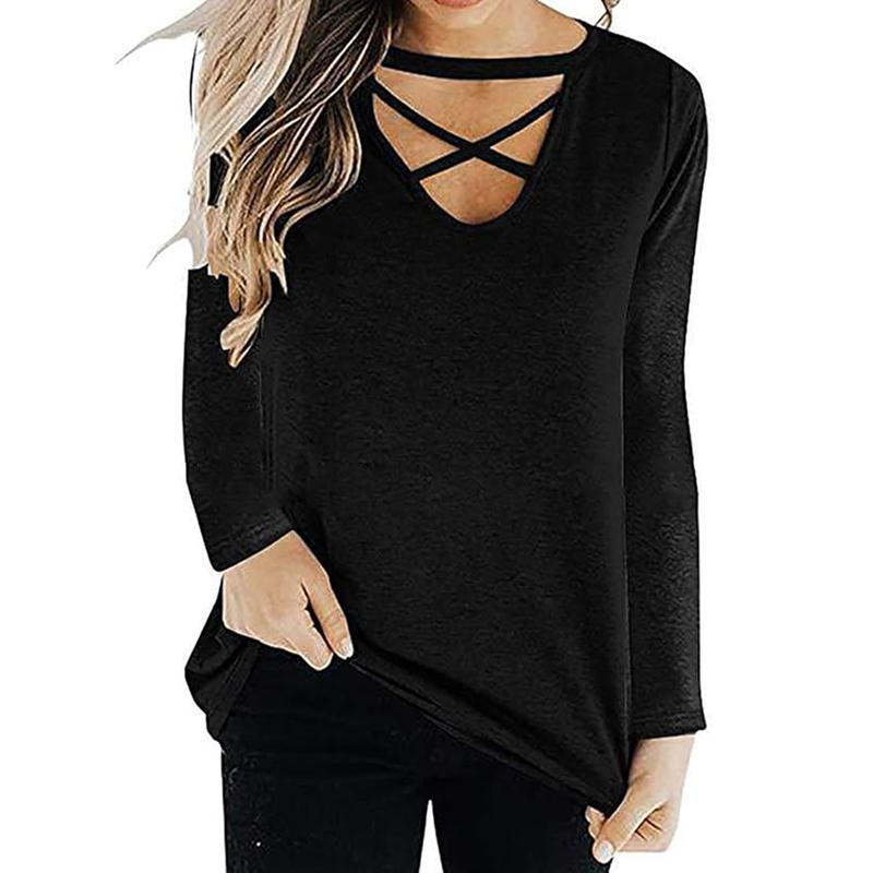 Women's Elegant Long Sleeve T-Shirts Loose Fit Criss Cross V Neck Blouse, Comfortable Plain Tunic Top for Fall and Winter Office Wear