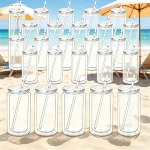 50 PACK 16 oz Plastic Snow Globe Tumbler with Pre-Drilled Hole, Clear Double Wall Plastic Can Cold Drinks Snowglobe Cups with Lids and Straws for Snow Globe Glitter DIY Gift