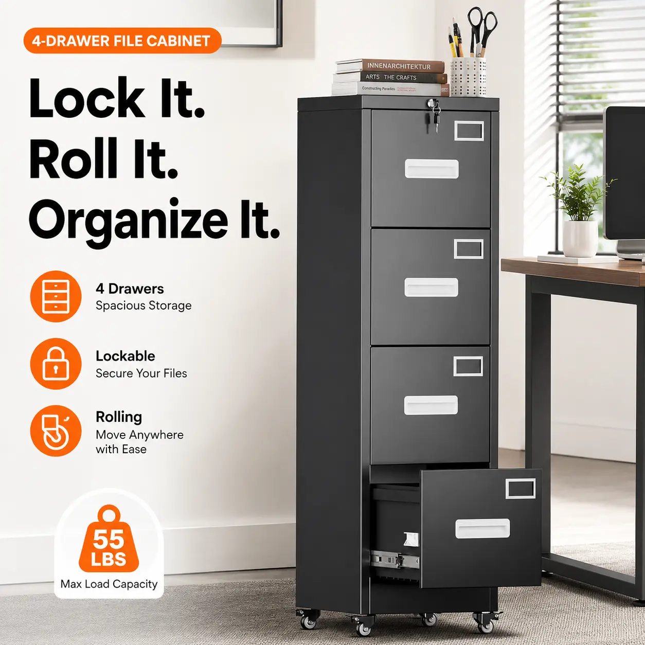 4 Drawer File Cabinet with Lock and Wheels, Black Metal Vertical Filing Cabinet, Rolling Office Storage Cabinet for Letter Legal Files, Anti-Tilt Design, Space-Saving Mobile File Cabinet for Home Office, Study, Classroom