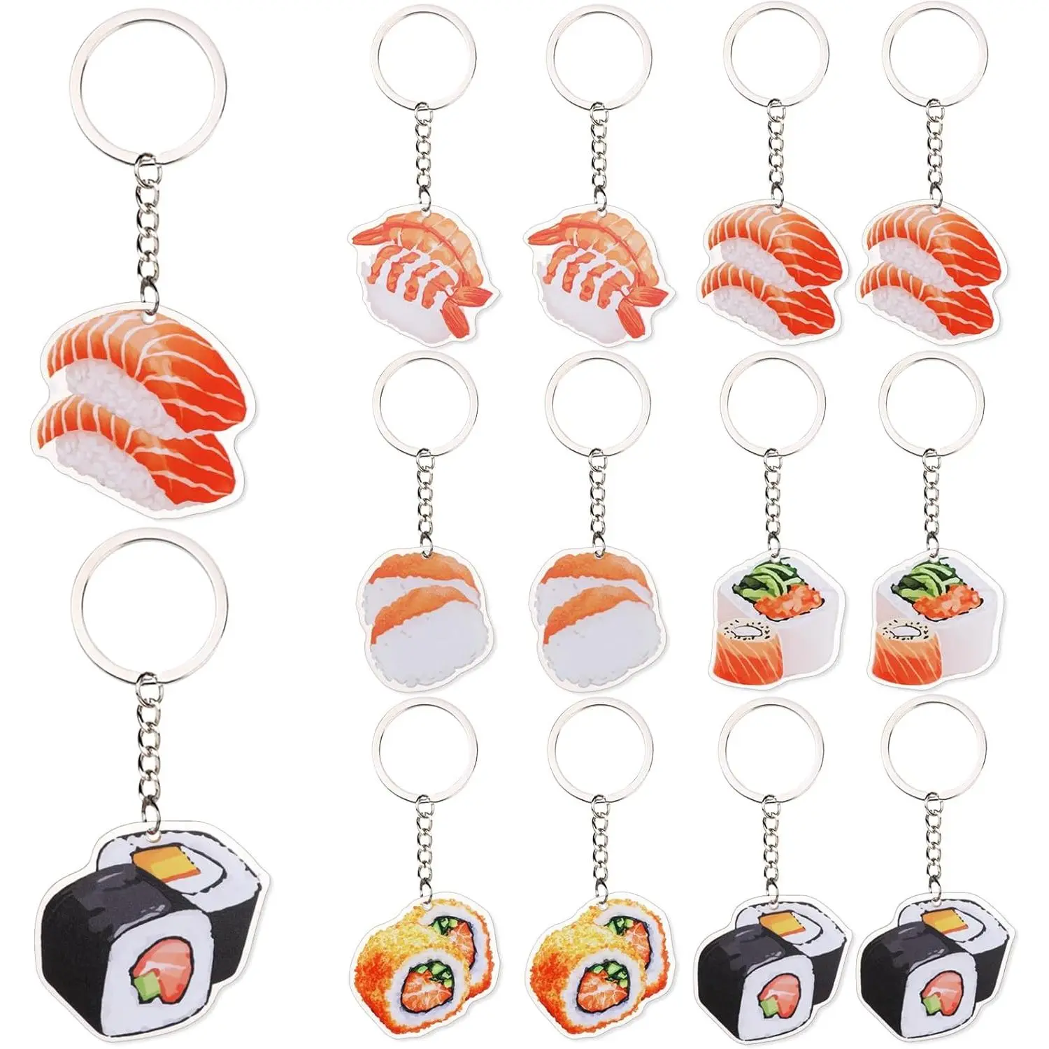 1Set Japanese Party Decorations 12pcs Sushi Party Favors Keychain Doublesided Printing Japanese Food Keychain for Asian Food Theme Party Supplies