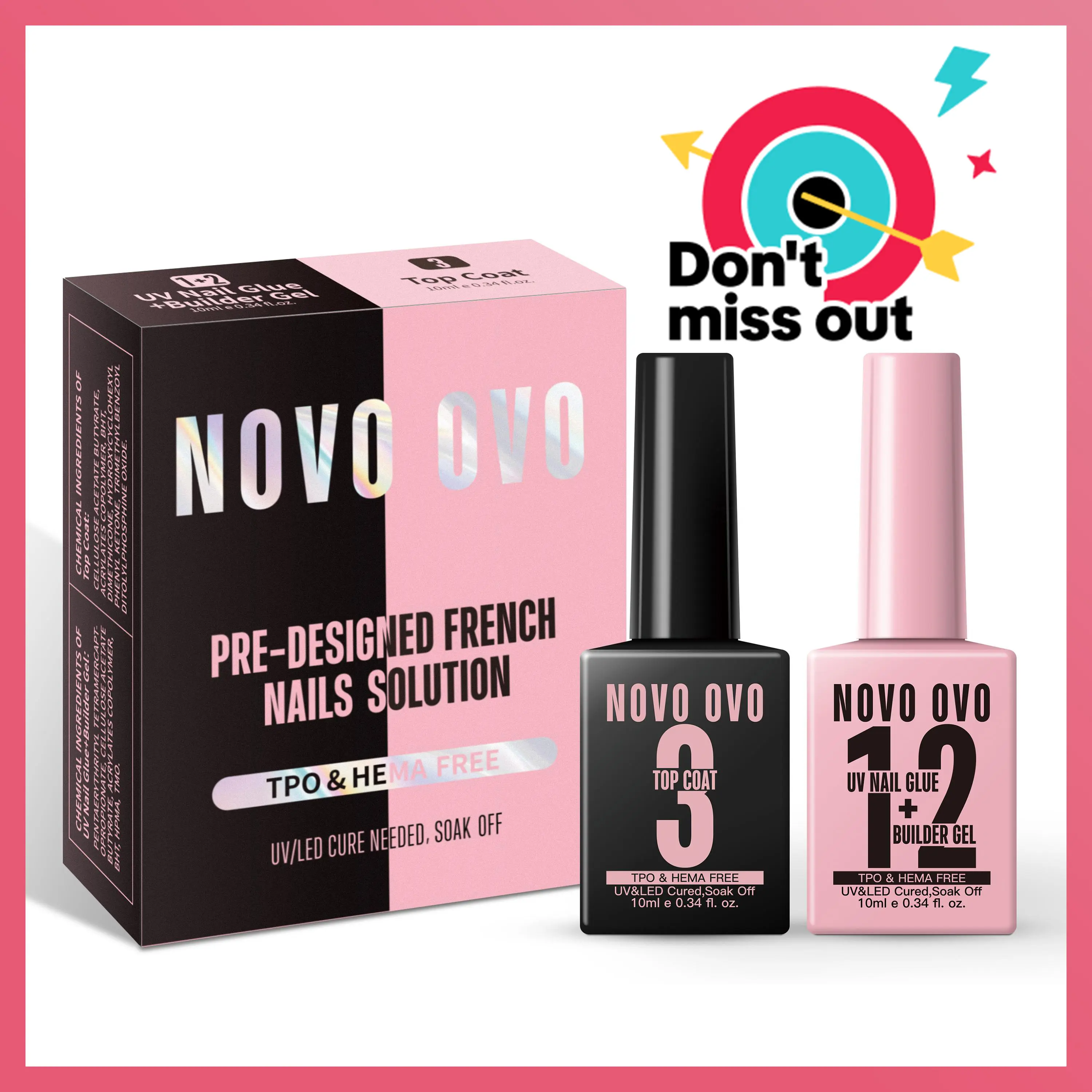 NOVO OVO UV Nail Glue and Builder Gel 2 in 1, No Wipe Top Coat Kit for Predesigned French Tip Nail Tips, HEMA TPO FREE, Super Strong Adhesive for Press on Acrylic Nails, Long Lasting, Easy to Use summerwins