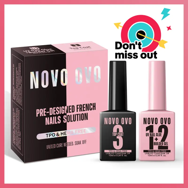 NOVO OVO Cosmetic 2-in-1 Nail Glue & Builder Gel Kit (2 x 10ml Bottles), HEMA-TPO-Free, UV LED Cure, No Wipe Top Coat, Super Strong Adhesive for Press-On Acrylics, Long-Lasting Hold, Easy-to-Use Manicure Nail Art Accessories for DIY Home Users