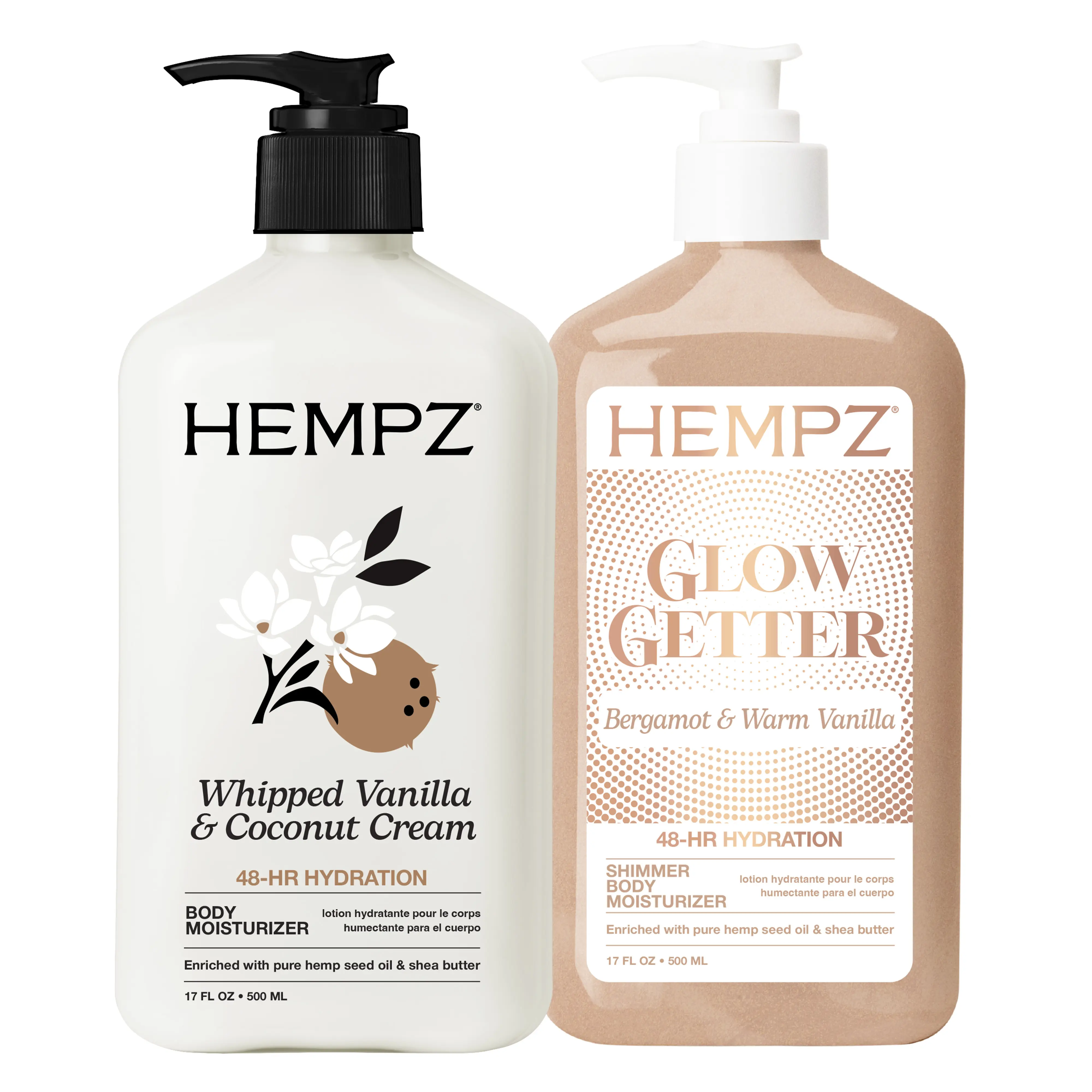 Hempz Exclusive Glow Getter & Whipped Vanilla and Coconut Cream Moisturizing Body Lotions Bundle