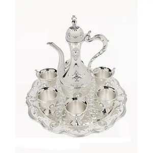 Vintage Turkish Tea Set with 6 Cups and Tray Decorative Retro Tea Service Set for Home (Silver White)
