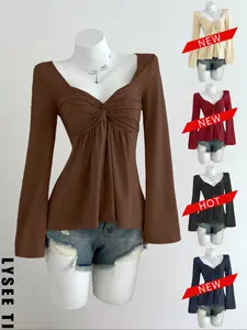 Women's Casual Fashion Apricot Smocked Doll Top, Long Sleeve T-shirt for Autumn and Winter