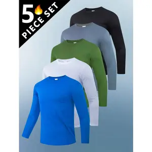 5 Pack Men's sports round neck long sleeved breathable lightweight T-shirt - quick drying, solid color, slight elasticity, suitable for running, exercise and casual wear