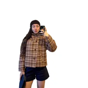 Women's Fall Polyester Medium Length Single-Breasted Long Sleeve Plaid Jacket with Retro Stand Collar and Buttons Artistic Style