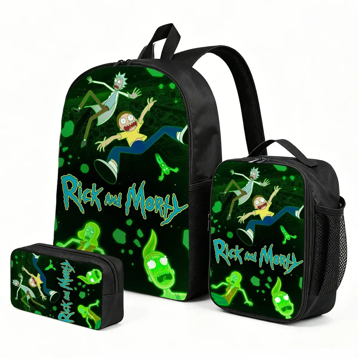 Rick-and-Morty Cartoon 3-Piece Kids Backpack Set, Insulated Lunch Bag & Pencil Case Combo - Elementary School Standard No-Wheels Daypack, Cute Print Travel Bag, 3-Piece Set, One Size