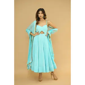 Firozi Chikankari Anarkali Suit Set (Set Of 3)