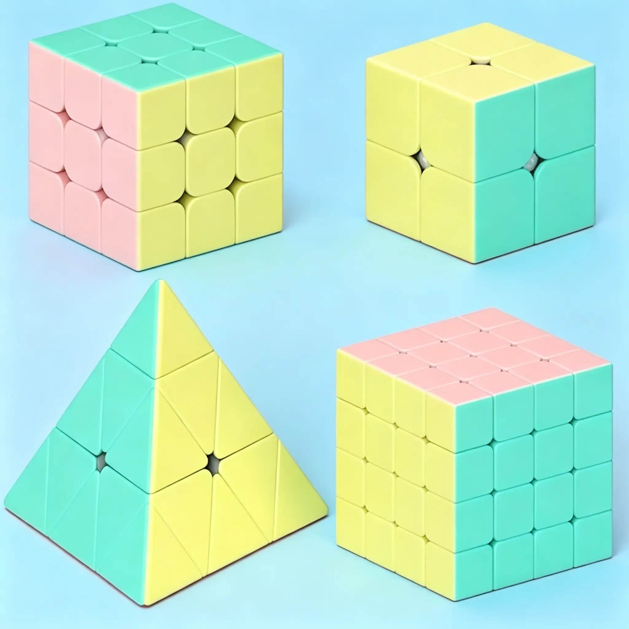 Stickerless Macaron Magic Speed Cube 4-Pack Bundle - 2x2, 3x3, 4x4, Pyramid Cubes - Mental Enrichment Brain Teaser Educational Toy, Holiday Gift for Kids, Mental Enrichment Magic Cubes