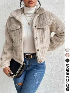 Women's Plush Coat with Front Button Closure, Casual Loose-Fit Outerwear for Fall & Winter Daily Wear, Medium Weight Fabric