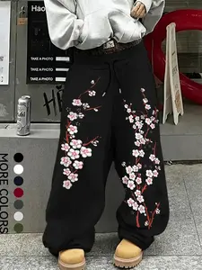 Japanese Style Sakura Floral Sweatpants Cozy Loose Fit Wide Leg Pants Everyday Casual Adjustable Drawstring Elastic Waist Bottoms Soft Lightweight Loungewear for Gym & Street Fashion Cherry