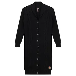 Cable Knit Long Cardigan - Black Cotton Knitwear with Button Front, Long Sleeves & Side Pockets for Women