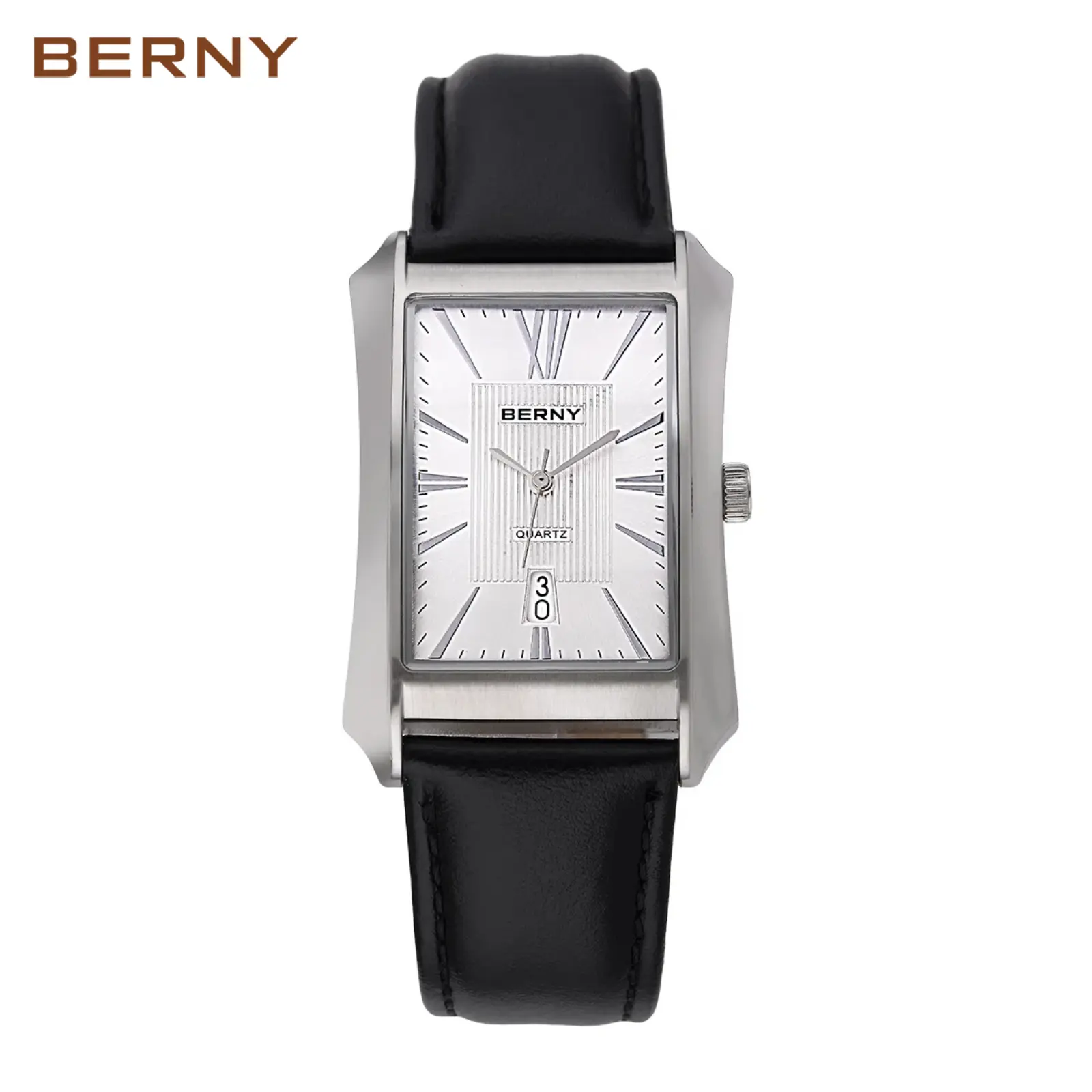 BERNY Men's Casual Quartz Watch Rectangular Dial Stainless Steel Case Leather Strap Date Display Water Resistant Classic Business Style Analog Wristwatch for Men Fashion Gift for all Occasions, Reloj de Hombre, Father's Day, Summer Wins