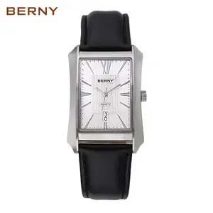 BERNY Men's Casual Quartz Watch Rectangular Dial Stainless Steel Case Leather Strap Date Display Water Resistant Classic Business Style Analog Wristwatch for Men Fashion Gift for all Occasions, Reloj de Hombre, Easter Gift